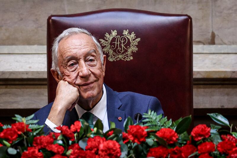 TOPSHOT - Portuguese President Marcelo Rebelo de Sousa looks on during the solemn session at the Portuguese Parliament in Lisbon on April 25, 2024, on the 50th anniversary of the Carnation Revolution. Portugal marks the 50th anniversary of the Carnation Revolution, a military coup that put an end to Europe's longest-lived dictatorship and 13 years of colonial wars in Africa. (Photo by FILIPE AMORIM / AFP) (Photo by FILIPE AMORIM/AFP via Getty Images)