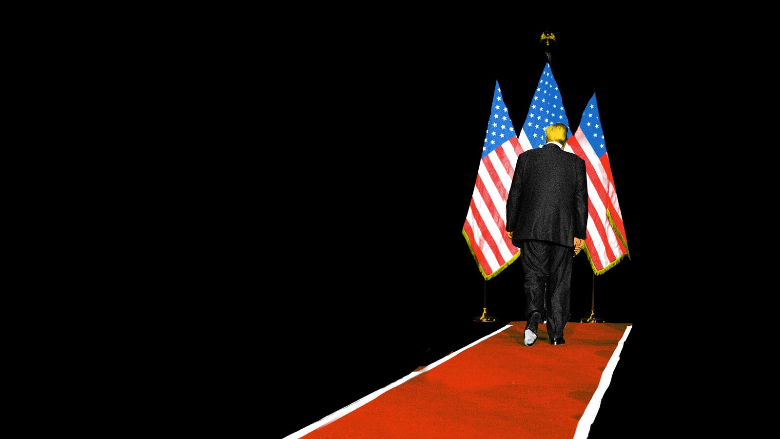 Photo illustration of Donald Trump walking away from the camera on a red carpet with flags in front of him