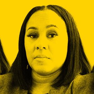 Photo illustration of Fani Willis on a yellow background