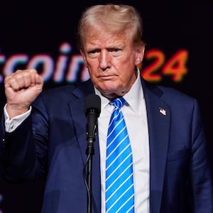 President-elect Donald Trump puts his fist up during his speech at the 2024 Bitcoin Conference in Nashville, TN.