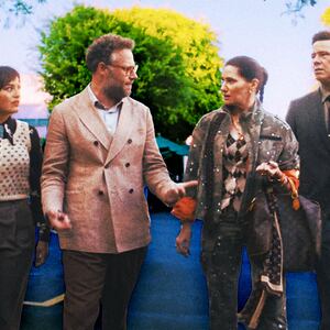 A photo illustration of Chase Sui Wonders, Seth Rogen, Kathryn Hahn, and Ike Barinholtz.