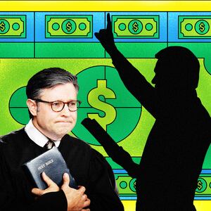 A photo illustration of House Speaker Mike Johnson holding a Bible, a silhouette of a preacher, and a stained glass money background.