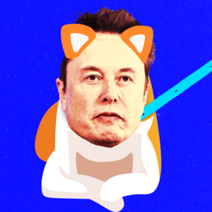 An animated gif of Elon Musk as a leashed DOGE dog.