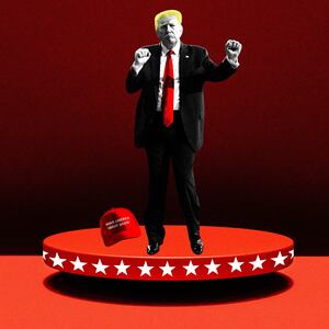 An illustration including Former US President Donald Trump, a floating Podium, Stars, and a Make America Great Again cap