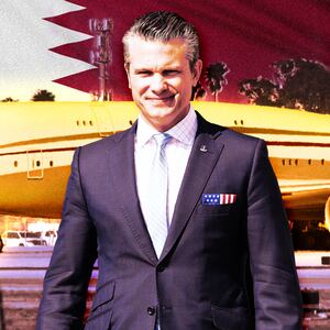 A photo illustration of Sec Def Pete Hegseth standing in front of a glowing Qatari jetliner gifted to President Donald Trump from Qatar.