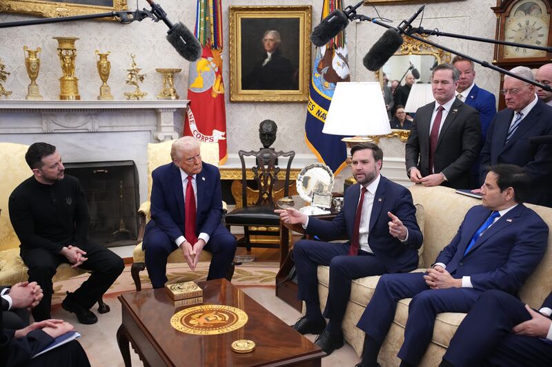 U.S. Vice President JD Vance speaks during a meeting with President Donald Trump, Ukrainian President Volodymyr Zelensky and Secretary of State Marco Rubio in the Oval Office at the White House on February 28, 2025 in Washington, DC.