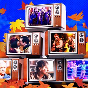 A photo illustration of Fall television and falling leaves. RHOSLC, Task, Ghosts, The Lowdown, Matlock and Dancing With the Stars.