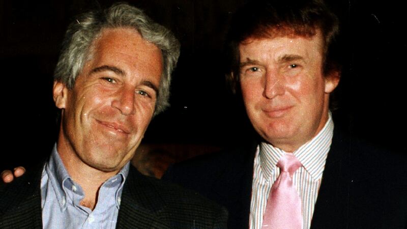 Portrait of American financier Jeffrey Epstein (left) and real estate developer Donald Trump as they pose together at the Mar-a-Lago estate, Palm Beach, Florida, 1997.