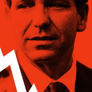 Photo illustration of Ron DeSantis on a red background with a downward arrow going through him