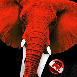 An illustration including a GOP elephant in a suit with a Republican pin 
