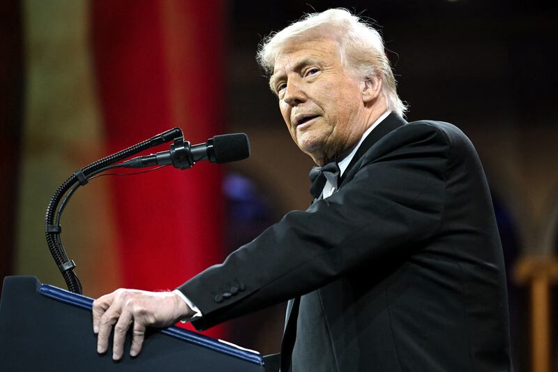 US President Donald Trump speaks at the National Republican Congressional Committee's (NRCC) "President's Dinner" at the National Building Museum in Washington, DC on April 8, 2025.