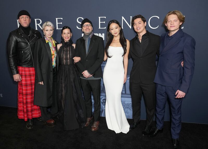 Chris Sullivan, Julia Fox, Lucy Liu, Steven Soderbergh, Callina Liang, Eddy Maday, West Mulholland at the "Presence" New York Premiere held at AMC Lincoln Square on Jan. 16, 2025 in New York, New York.