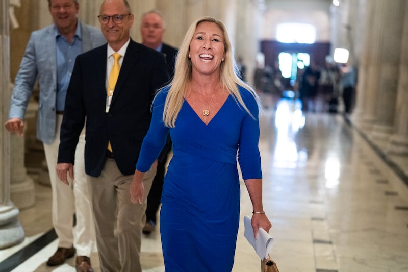 UNITED STATES - MAY 7: Rep. Marjorie Taylor Greene, R-Ga., makes her way to a meeting with Speaker of the House Mike Johnson, R-La., in the U.S. Capitol on Tuesday, May 7, 2024. Greene has threatened to file a motion to vacate against Johnson. (Tom Williams/CQ-Roll Call, Inc via Getty Images)