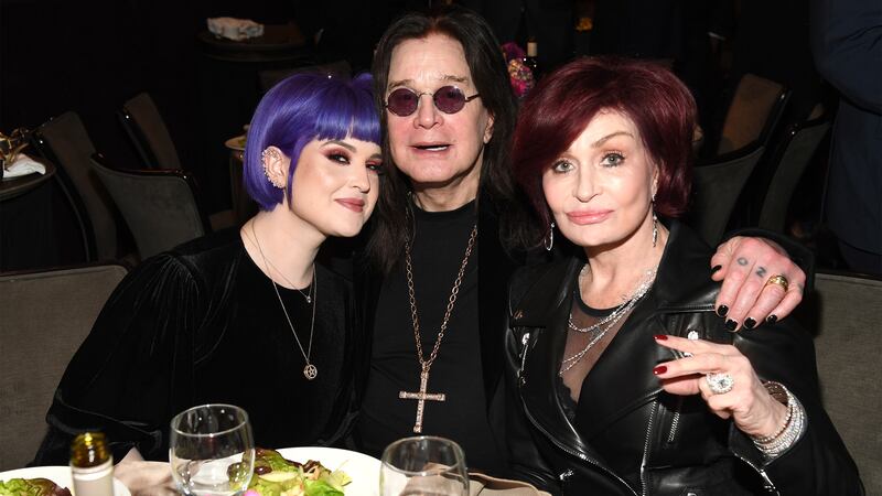 (L-R) Kelly Osbourne, Ozzy Osbourne, and Sharon Osbourne attend the Pre-Grammy Gala on Jan. 25, 2020 in Beverly Hills, California.