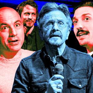 A photo illustration of Joe Rogan, Tony Hinchcliffe, Marc Maron, and Andrew Schulz.