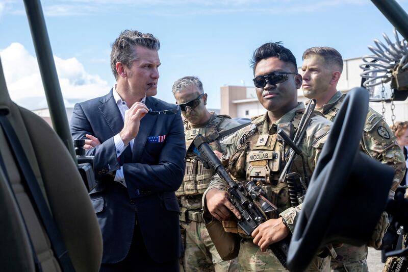 Secretary of Defense Pete Hegseth speaks with members of the U.S. military at Kane'ohe Bay in Hawaii on March 25, 2025.