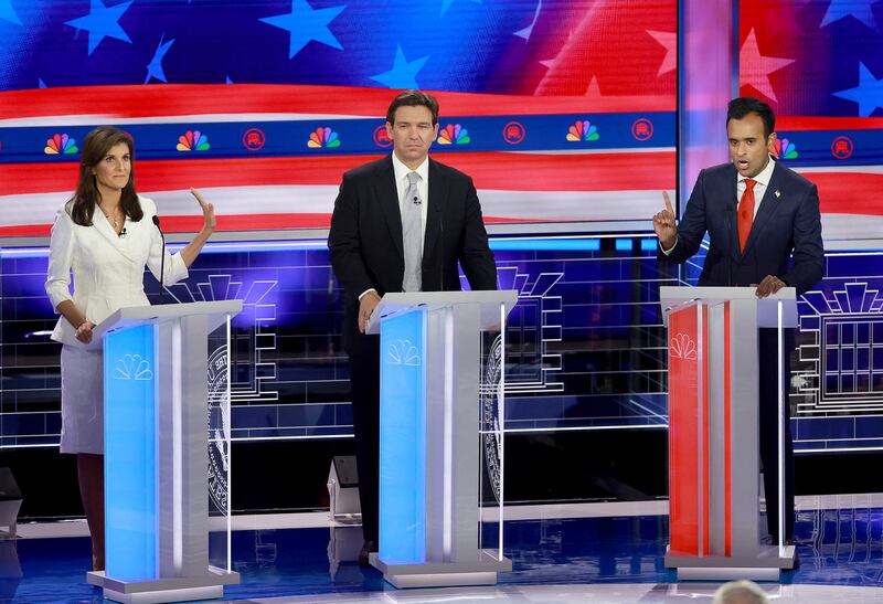 A photo including Nikki Haley, Vivek Ramaswamy, and Ron DeSantis 