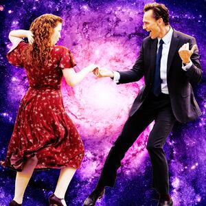 A photo illustration of Annalise Basso and Tom Hiddleston in The Life of Chuck.