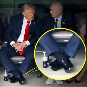 Donald Trump and first lady Melania Trump join FIFA President Gianni Infantino and other guests while watching the final match of the FIFA Club World Cup at MetLife Stadium on July 13, 2025 in East Rutherford, New Jersey, with an inset image of Trump's swollen ankles