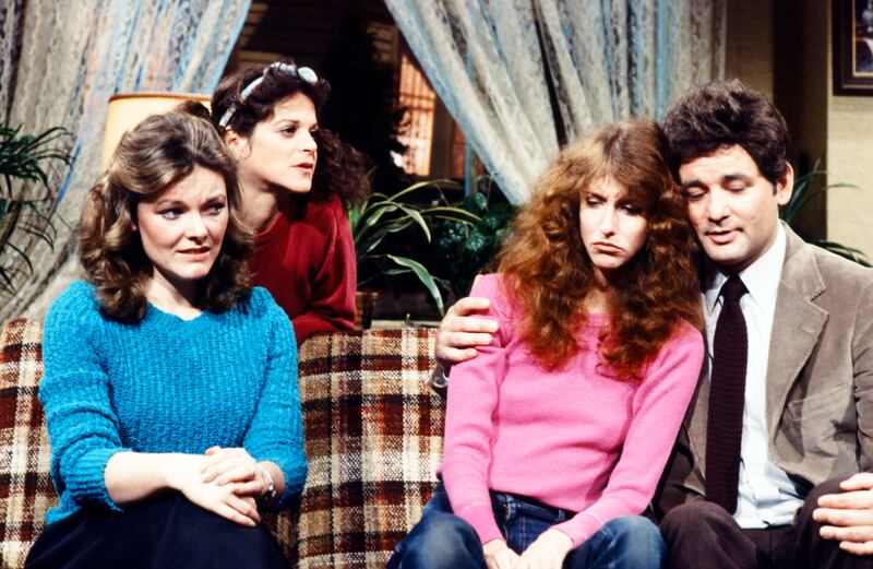 Jane Curtin as Jean, Gilda Radner asMarty, Laraine Newman as Leanne, Bill Murray as Bob during the 'Fan' sketch on April 12, 1980