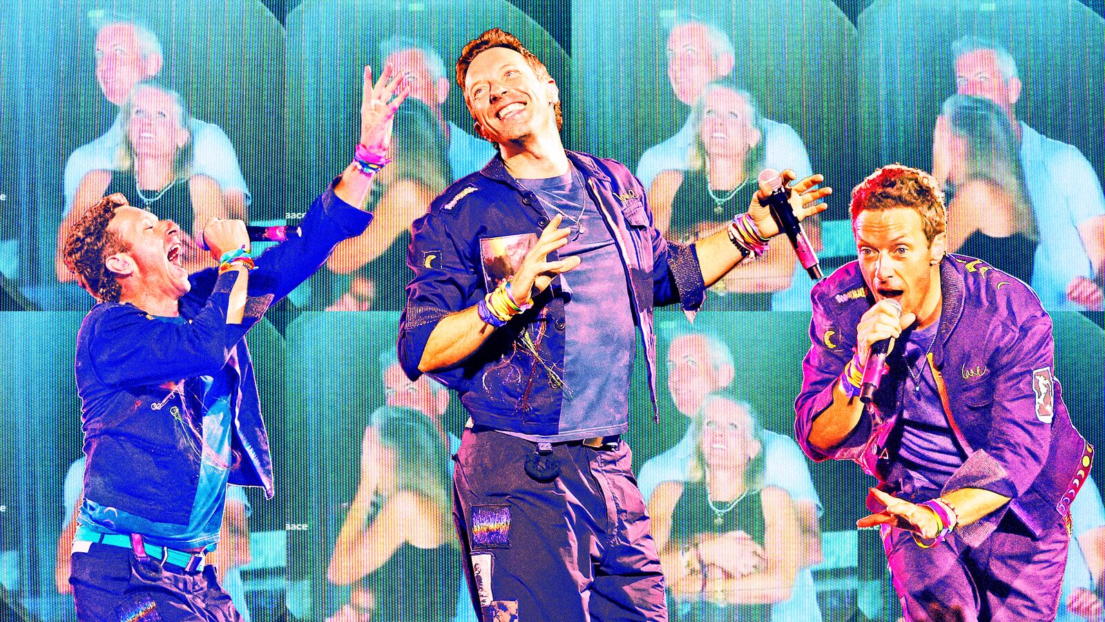 A photo illustration of Christ Martin performing with Coldplay and the tech CEO caught on the kiss cam during a concert.