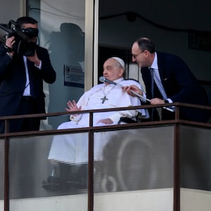 Pope Francis appears on his balcony to speak to the crowds at the Gemelli hospital, the first time he has appeared in public since being admitted to hospital on March 23, 2025 in Rome, Italy.
