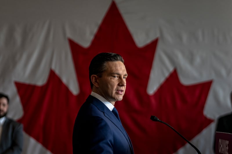 Pierre Poilievre speaks at a press conference during a campaign event on April 14, 2025 at the Holiday Inn & Suites in Montreal, Canada.