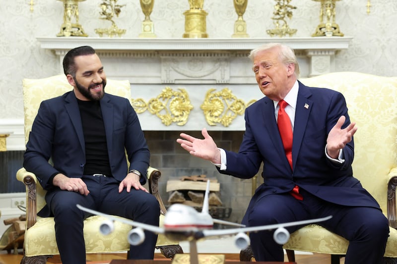 U.S. President Donald Trump meets with El Salvador President Nayib Bukele in the Oval Office at the White House in Washington, D.C., U.S., April 14, 2025. REUTERS/Kevin Lamarque