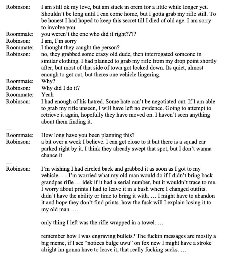 Some of the alleged texts between Tyler Robinson and his unnamed roommate that were included in Tuesday’s indictment.