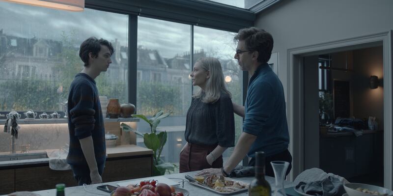 Kodi Smit-McPhee as Nicolas Ravenscroft, Cate Blanchett as Catherine Ravenscroft, and Sacha Baron Cohen as Robert Ravenscroft in 'Disclaimer'