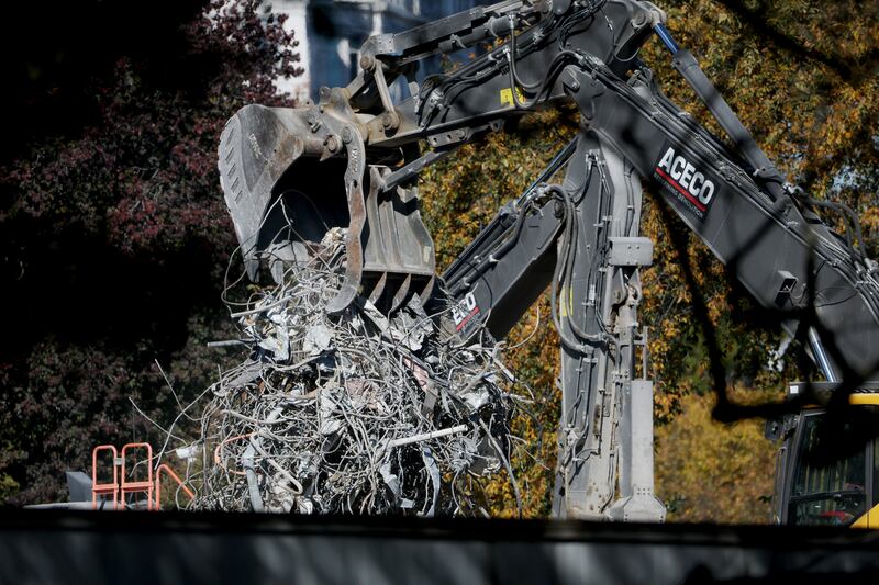 WASHINGTON, DC - OCTOBER 27: An excavator clears rubble and twisted metal at the site of where the East Wing of the White House stood on October 27, 2025 in Washington, DC. The demolition began last week and is a part of U.S. President Donald Trump's plan to build a multimillion-dollar ballroom on the eastern side of the White House. (Photo by Anna Moneymaker/Getty Images)
