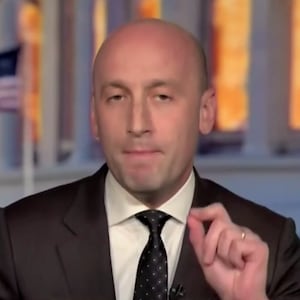 A split screen of Jesse Watters (left) and Stephen Miller (right).