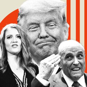 Photo illustration of a smiling Donald Trump collaged behind Jenna Ellis and Rudolph Giuliani with red detailing in the background.