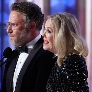 Seth Rogen, Catherine O'Hara during the 82nd Annual Golden Globes held at The Beverly Hilton on January 05, 2025 in Beverly Hills, California. (Photo by Rich Polk/GG2025/Penske Media via Getty Images)