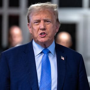Former U.S. President Donald Trump speaks to members of the media during his hush money trial at Manhattan criminal court on April 26, 2024, in New York City. 