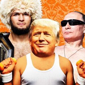 Photo illustration of Donald Trump, Vladimir Putin, and Khabib Nurmagomedov