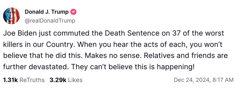 A post by Donald Trump on his Truth Social platform.