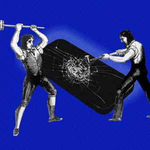 A photo illustration showing two Luddite figures from an 1800’s etching breaking an iPhone.