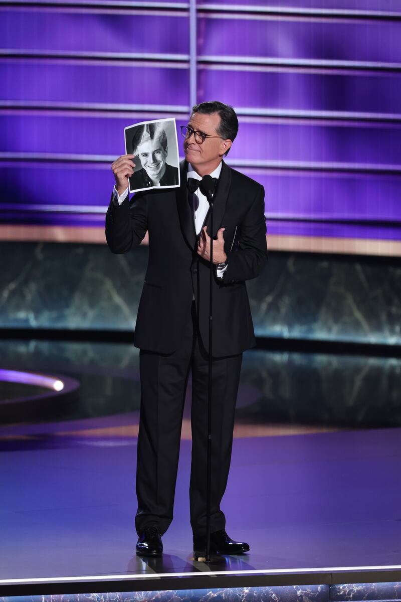 LOS ANGELES, CALIFORNIA - SEPTEMBER 14: Stephen Colbert speaks onstage during the 77th Primetime Emmy Awards at Peacock Theater on September 14, 2025 in Los Angeles, California.  (Photo by Monica Schipper/WireImage)