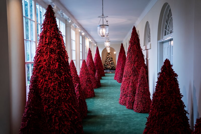 The decorations of the East Colonnade of the East Wing of the White House under First Lady Melania Trump in 2018.