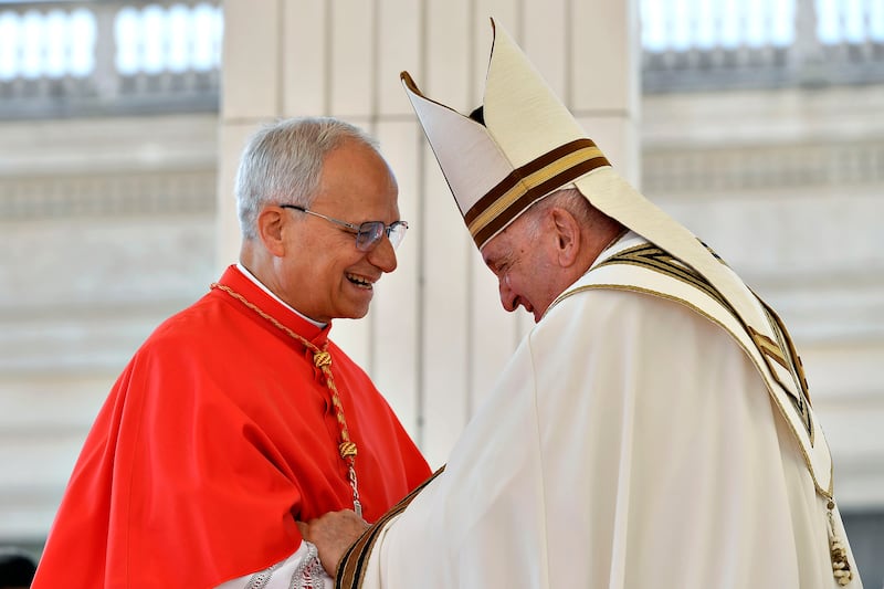 Pope Francis, right, appoints as new cardinal U.S-born prelate prefect of the Dicastery for Bishops, Robert Francis Prevost during the Ordinary Public Consistory for the Creation of new Cardinal at St. Peter's Square on Sept. 30, 2023 in Vatican City, Vatican.