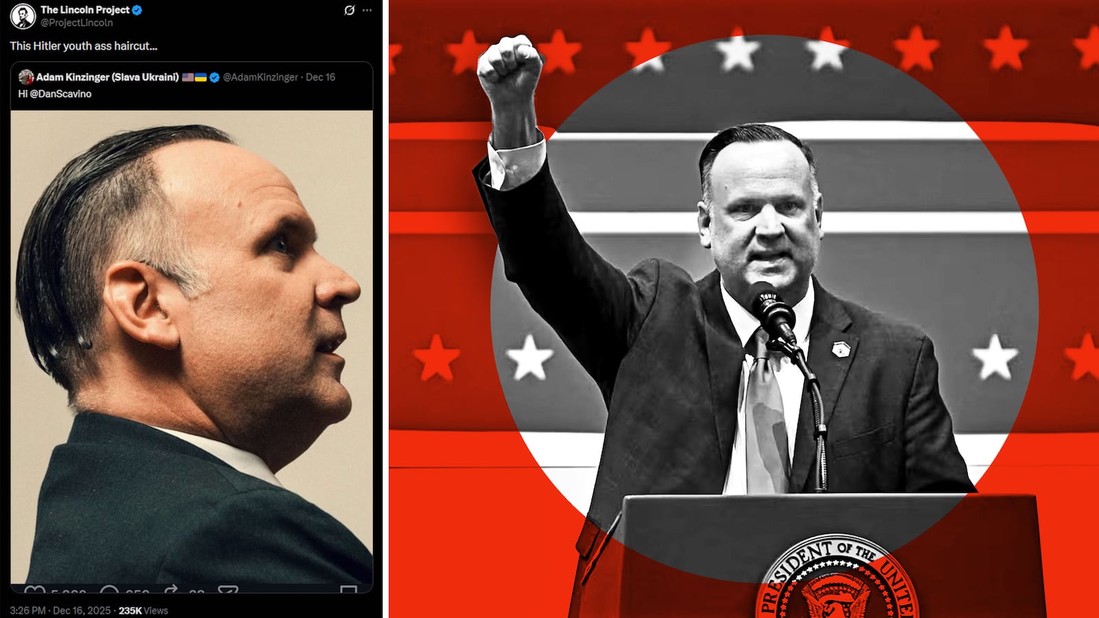 Photo illustrative split of a tweet calling the haircut of Dan Scavino pictured in the Vanity Fair story looking like that of a Nazi, next to a photo of Scavino raising a fist
