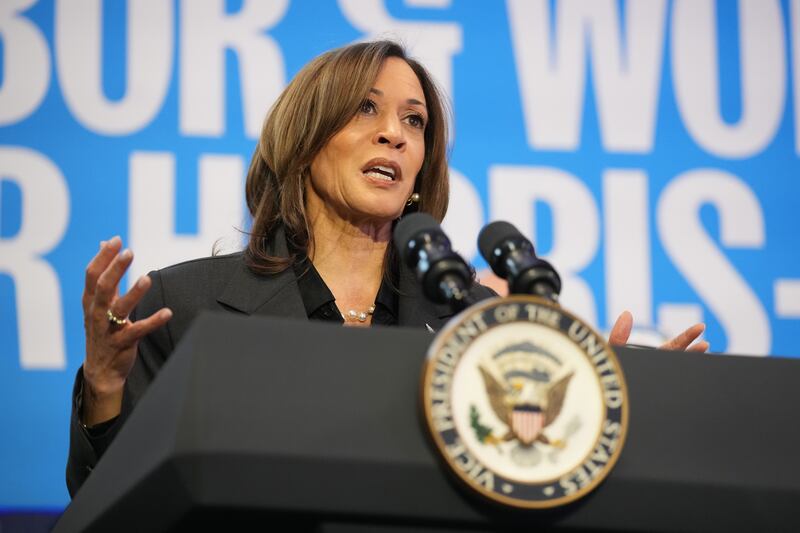 Kamala Harris holds campaign rally at IBEW Local 890 November 01, 2024 in Janesville, Wisconsin.