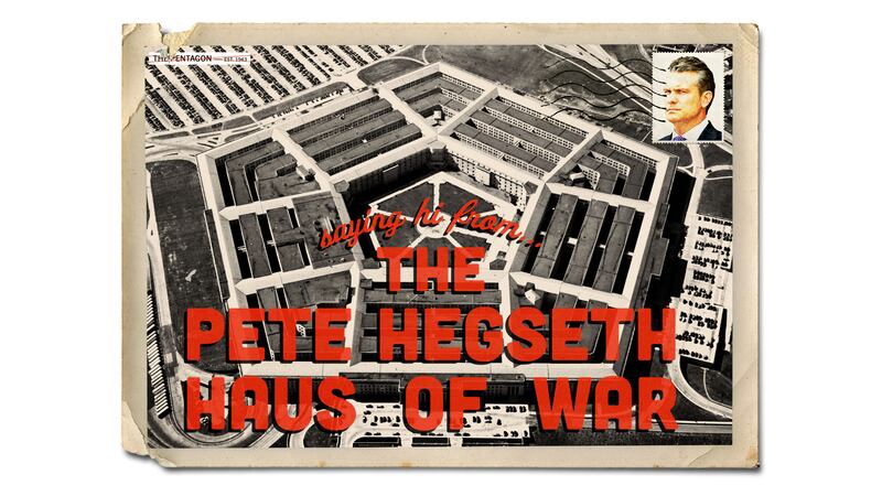 Vintage inspired postcard of the Pentagon being renamed "The Pete Hegseth Haus of War"