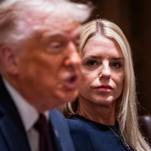 President Donald J Trump, flanked by Attorney General Pam Bondi, speaks during a cabinet meeting at the White House on March 24, 2025 in Washington, D.C.