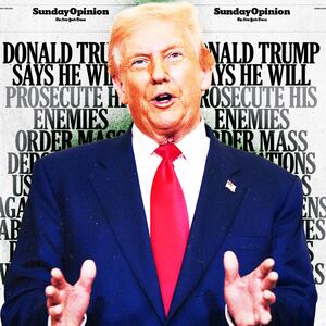 A photo illustration of Donald Trump and the front page of New York Times' Sunday Opinion section from Oct. 27, 2024.