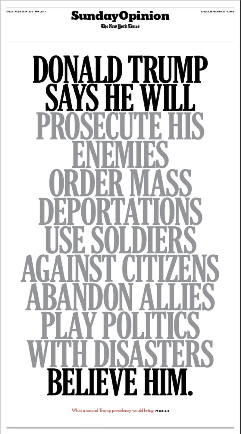 The cover of The New York Times’ opinion section on Oct. 29, 2024—the second-to-last Sunday before Election Day.