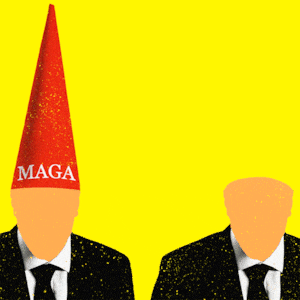 Men in suits with blank orange faces with a dunce cap reading "maga" moving between them