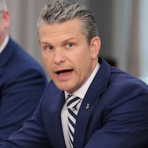 U.S. Secretary of Defense Pete Hegseth speaks during a meeting with El Salvador Minister of National Defense René Merino Monroy at the Pentagon on April 16, 2025 in Arlington, Virginia.