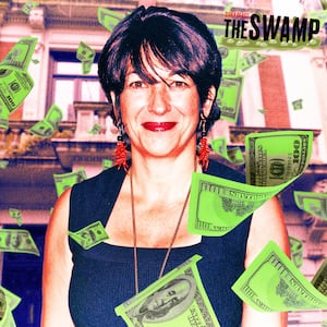 A photo illustration of Ghislaine Maxwell placed in front of her East 65th Street in Manhattan home and green money flying around.